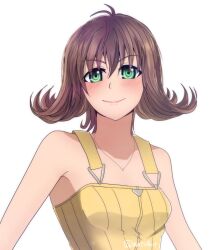 Rule 34 | 1girl, breasts, brown hair, closed mouth, dress, final fantasy, final fantasy viii, flipped hair, green eyes, highres, jewelry, looking at viewer, matuillust, medium breasts, necklace, selphie tilmitt, short hair, simple background, smile, solo, white background, yellow dress, zipper, zipper dress