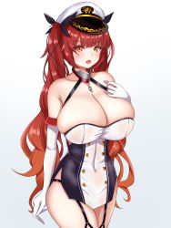 Rule 34 | absurdres, azur lane, bare shoulders, black garter straps, black panties, breasts, buttons, cleavage, collar, comotaro, double-breasted, dress, elbow gloves, garter straps, gloves, gradient hair, hat, highres, honolulu (azur lane), huge breasts, looking at viewer, metal collar, microdress, multicolored hair, open mouth, orange eyes, orange hair, panties, panty straps, peaked cap, red hair, simple background, skindentation, taut clothes, taut dress, twintails, underwear, white background, white gloves, white headwear