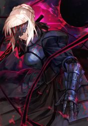Rule 34 | 1girl, armor, armored dress, artoria pendragon (all), artoria pendragon (fate), blonde hair, braid, covered eyes, darkness, dress, excalibur morgan (fate), fate/stay night, fate (series), french braid, gauntlets, holding, holding sword, holding weapon, hungry clicker, mask, saber alter, solo, sword, visor (armor), weapon