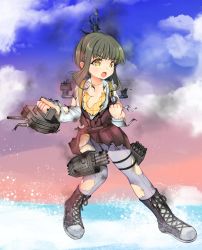 Rule 34 | 1girl, adapted turret, blouse, blue sky, bob cut, boots, braid, brown dress, brown eyes, camisole, cannon, cloud, cross-laced footwear, dress, flat chest, full body, gradient sky, green hair, grey pantyhose, halterneck, highres, kantai collection, lace-up boots, long sleeves, machinery, pantyhose, pleated dress, school uniform, shirt, short hair, short hair with long locks, sidelocks, sky, solo, standing, standing on liquid, takanami (kancolle), torn clothes, turret, white shirt, yashin (yasinz), yellow camisole