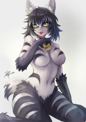 Rule 34 | 1girl, absurdres, animal ears, black hair, breasts, claws, fangs, furry, goat legs, highres, hooves, monochrome, monster girl, neck bell, no nipples, no nose, one-punch man, red eyes, single fang, tail, zee n3