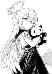 Rule 34 | 1girl, :t, absurdres, azusa (blue archive), blue archive, greyscale, halo, hayashi itsuki, highres, holding, holding stuffed toy, long hair, long sleeves, looking at viewer, low wings, monochrome, pout, simple background, skirt, solo, stuffed animal, stuffed toy, white background, wings