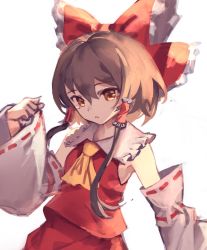 Rule 34 | 1girl, ascot, bad id, bad twitter id, bow, brown eyes, brown hair, clenched hand, collared shirt, commentary request, detached sleeves, floating hair, frilled bow, frilled shirt collar, frills, hair between eyes, hair bow, hair tubes, hakurei reimu, hand up, highres, parted lips, red bow, red ribbon, red shirt, red skirt, ribbon, ribbon-trimmed sleeves, ribbon trim, shirt, short hair with long locks, sidelocks, simple background, skirt, skirt set, sleeveless, sleeveless shirt, solo, touhou, upper body, white background, wide sleeves, yanyan (shinken gomi), yellow ascot, yellow eyes