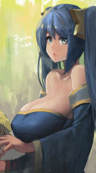 Rule 34 | 1girl, bare shoulders, blue eyes, blue hair, breasts, cleavage, detached sleeves, dress, female focus, hair ornament, highres, huge breasts, league of legends, lips, long hair, long twintails, looking at viewer, profile, sketch, sky of morika, solo, sona (league of legends), standing, twintails, upper body, very long hair