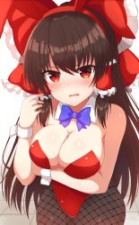 Rule 34 | 1girl, absurdres, alternate costume, animal ears, black pantyhose, blue bow, blue bowtie, blush, bow, bowtie, breasts, brown hair, cleavage, cowboy shot, detached collar, frilled bow, frilled hair tubes, frills, hair bow, hair tubes, hakurei reimu, half updo, highres, large breasts, leotard, long hair, looking at viewer, pantyhose, playboy bunny, rabbit ears, red bow, red eyes, red leotard, sidelocks, solo, strapless, strapless leotard, tksand, touhou, v-shaped eyebrows, white background, wrist cuffs