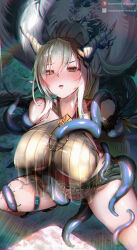 Rule 34 | 1girl, absurdres, arknights, blush, breasts, dress, grey hair, hair between eyes, highres, horns, housou-kun, huge breasts, long hair, official alternate costume, open mouth, shining (arknights), solo, squatting, sweat, tentacles, thigh strap, yellow eyes