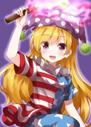 Rule 34 | 1girl, american flag, american flag dress, american flag legwear, blonde hair, clownpiece, cowboy shot, dress, fire, hair between eyes, hat, highres, holding, holding torch, jester cap, leg up, leggings, long hair, looking at viewer, neck ruff, no wings, open mouth, pantyhose, pink eyes, pink fire, polka dot, purple background, ruu (tksymkw), short sleeves, simple background, smile, solo, standing, star (symbol), star print, striped clothes, striped dress, striped pantyhose, torch, touhou