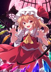 Rule 34 | 1girl, blonde hair, claw pose, cowboy shot, flandre scarlet, full moon, hat, highres, mob cap, moon, red eyes, red moon, red shirt, red skirt, shirt, side ponytail, skirt, solo, touhou, ugume, vampire, white hat, wings