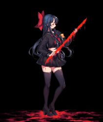 Rule 34 | 1girl, armband, bad id, bad twitter id, black background, black footwear, black skirt, black thighhighs, blood, blood sword, blue hair, blush, bow, closed mouth, dripping, high heels, highres, holding, holding weapon, hp sword, kim jimin, long hair, navel, red bow, red eyes, red neckwear, school uniform, simple background, skirt, solo, thighhighs, uniform, weapon