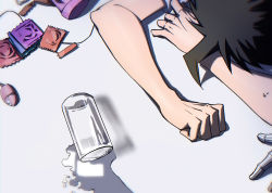 Rule 34 | 1boy, absurdres, ahoge, bare arms, brown hair, commentary request, condom, condom wrapper, danganronpa (series), danganronpa 2: goodbye despair, egg vibrator, glass, highres, hinata hajime, implied sex, male focus, mechanical arms, out of frame, sex toy, shirt, short hair, single mechanical arm, spiked hair, vibrator, water, ziling