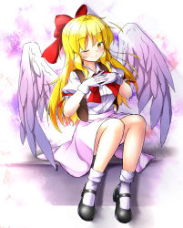 Rule 34 | 1girl, aka tawashi, alternate hair length, alternate hairstyle, angel wings, blonde hair, blush, bow, breasts, commentary request, feathered wings, full body, gengetsu (touhou), gloves, hair ribbon, hand over heart, hands on own chest, highres, large breasts, long hair, looking at viewer, mary janes, one eye closed, pink skirt, red bow, red neckwear, red ribbon, ribbon, shirt, shoes, short sleeves, sitting, skirt, smile, socks, solo, touhou, touhou (pc-98), white gloves, white shirt, white socks, wings, yellow eyes