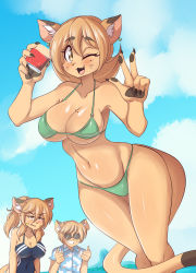 Rule 34 | 1boy, 2girls, :3, absurdres, age difference, animal ears, ass, bikini, blue one-piece swimsuit, blue sky, breasts, cat boy, cat ears, cat girl, cat tail, curvy, embarrassed, family, fang, father and daughter, furry, goya&#039;s father, goya&#039;s mother, goya (lucyfer), green bikini, highres, large breasts, long hair, looking at viewer, lucyfer, medium hair, mother and daughter, multiple girls, nail polish, navel, no humans, one-piece swimsuit, one eye closed, original, ponytail, shiny clothes, simple background, sky, smile, sunglasses, swimsuit, tail, thong bikini, v, wide hips, wink