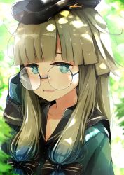 Rule 34 | 1other, beret, black-framed eyewear, black bow, black hat, black sailor collar, blue eyes, blue hair, blue shirt, blurry, blurry background, blush, bow, brown hair, captain nemo (fate), commentary request, depth of field, eyebrows hidden by hair, fate/grand order, fate (series), glasses, gomennasai, gradient hair, hair bow, hand up, hat, long hair, long sleeves, looking at viewer, mole, mole under eye, mole under mouth, multicolored hair, nemo (fate), other focus, professor nemo (fate), round eyewear, sailor collar, shirt, sleeves past fingers, sleeves past wrists, solo, striped, striped bow
