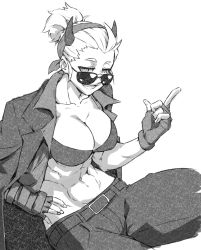 Rule 34 | 1girl, abs, belt, boots, bra, breasts, casual suit, cleavage, collarbone, demon horns, fingerless gloves, fingernails, gloves, greyscale, grin, hair slicked back, hairband, hand on own hip, hand up, helltaker, high heel boots, high heels, horns, index finger raised, jacket, jacket on shoulders, justice (helltaker), large breasts, looking at viewer, minew, monochrome, navel, open clothes, open shirt, pants, ringed eyes, shirt, short hair, short ponytail, simple background, smile, solo, stomach, stomach bulge, suit jacket, sunglasses, toned, underwear, white background