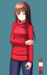 Rule 34 | 1girl, blue background, blush, brown eyes, brown hair, color guide, denim, drive girls, highres, hispol (04-uma-alpha), jeans, lancier (drive girls), looking at viewer, open hand, pants, ribbed sweater, smile, solo, sweater, turtleneck, turtleneck sweater