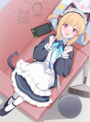 Rule 34 | 1girl, angry, animal ears, apron, doodle sensei (blue archive), blonde hair, blue archive, blush, broom, bucket, cat ears, cat girl, cat tail, clenched hand, closed eyes, dress, game console, highres, hoshino ouka, indoors, long sleeves, looking at viewer, lying, maid, maid apron, maid headdress, momoi (blue archive), momoi (maid) (blue archive), official alternate costume, on back, pantyhose, pink eyes, sensei (blue archive), shoes, solo, surprised, sweatdrop, tail, white pantyhose