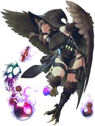 Rule 34 | 1girl, beaker, bird legs, black dress, black hat, bottle, braid, breasts, brown hair, character request, claws, dairoku ryouhei, dress, feathered wings, full body, harpy, hat, hetza (hellshock), holding, large breasts, long hair, looking at viewer, magic, monster girl, parted lips, potion, pouch, prehensile feet, sleeveless, sleeveless dress, solo, test tube, thigh strap, transparent background, twin braids, winged arms, wings, witch hat, yellow eyes