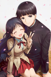 Rule 34 | 1boy, 1girl, black hair, breasts, brown cardigan, cardigan, closed eyes, closed mouth, dress, gakuran, grey eyes, hetero, hug, karasuma ooji, kaze-hime, long hair, looking at viewer, open mouth, petals, pleated dress, red ribbon, red skirt, ribbon, school rumble, school uniform, short hair, short twintails, signature, sitting, sitting on lap, sitting on person, skirt, small breasts, smile, tsukamoto tenma, twintails, two side up