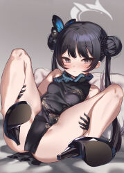 Rule 34 | 1girl, absurdres, ass, black dress, black footwear, black gloves, black hair, blue archive, blush, breasts, butterfly hair ornament, china dress, chinese clothes, double bun, dragon print, dress, gloves, grey eyes, hair bun, hair ornament, halo, high heels, highres, hugging own legs, kisaki (blue archive), looking at viewer, pillow, print dress, shuru y, simple background, sleeveless, sleeveless dress, small breasts, solo, spread legs, thighs, twintails