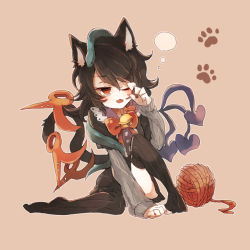 Rule 34 | 1girl, animal, animal ears, animal on head, asymmetrical wings, ball, bell, black dress, black hair, black thighhighs, blush, bow, cat ears, cat tail, collar, dress, fang, footprints, hisona (suaritesumi), houjuu nue, kemonomimi mode, long sleeves, looking at viewer, neck bell, on head, one eye closed, open mouth, red eyes, short hair, simple background, sitting, snake, solo, striped clothes, striped thighhighs, tail, tears, thighhighs, touhou, vertical-striped clothes, vertical-striped thighhighs, wings, wink, wool, yarn, yarn ball, yawning