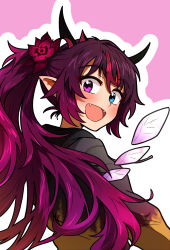Rule 34 | 1girl, alternate costume, alternate hairstyle, blue eyes, ddolbang, fangs, flower, hair flower, hair ornament, heterochromia, highres, hololive, hololive english, horns, irys (hololive), long hair, looking at viewer, pointy ears, purple eyes, purple hair, smile, sweater, virtual youtuber, wings