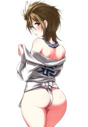 Rule 34 | 1girl, ass, bare shoulders, blush, clothes writing, cowboy shot, from behind, fundoshi, hair between eyes, idolmaster, idolmaster cinderella girls, japanese clothes, kimura natsuki, long sleeves, looking at viewer, looking back, medium hair, off shoulder, shoulder blades, simple background, solo, standing, tango (tn500), tareme, towel, towel around neck, undressing, white background