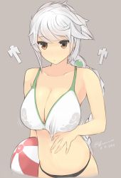 Rule 34 | 10s, 1girl, alternate costume, bad id, bad pixiv id, ball, bare arms, beachball, bikini, bikini pull, braid, breasts, cleavage, clothes pull, cloud print, colored eyelashes, grey background, jitome, kantai collection, kuavera, large breasts, long hair, looking at viewer, midriff, navel, open mouth, shikigami, silver hair, simple background, single braid, solo, stomach, swimsuit, unryuu (kancolle), very long hair, yellow eyes