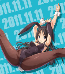 Rule 34 | 10s, 1girl, 2011, akiyama mio, animal ears, armpits, arms up, back-seamed legwear, black hair, blue eyes, bow, bowtie, breasts, dated, detached collar, drop shadow, fake animal ears, fishnet pantyhose, fishnets, high heels, highres, k-on!, kneepits, leotard, long hair, looking at viewer, lying, non-web source, norizou type-r, on back, pantyhose, playboy bunny, rabbit ears, rabbit tail, seamed legwear, shoes, smile, solo, spread legs, tail, wrist cuffs