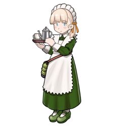 Rule 34 | apron, bag, blonde hair, blue eyes, blunt bangs, coffee pot, commentary request, cup, dress, full body, green dress, green footwear, kantai collection, long hair, maid, maid headdress, mary janes, official alternate costume, porusasu, shin&#039;you (kancolle), shoes, simple background, teacup, tray, white apron, white background