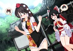 Rule 34 | 2girls, ;q, architecture, black hair, black legwear, black neckwear, bow, breasts, brown hair, camera, commentary request, cosplay, detached sleeves, east asian architecture, feet out of frame, hair bow, hair tubes, hakurei reimu, hakurei reimu (cosplay), hakurei shrine, hat, highres, holding, holding camera, medium breasts, multiple girls, necktie, nontraditional miko, one eye closed, pom pom (clothes), red bow, ribbon-trimmed sleeves, ribbon trim, shameimaru aya, shameimaru aya (cosplay), short hair, sparkling eyes, standing, sunnysideup, thighhighs, thighs, tokin hat, tongue, tongue out, touhou, wide sleeves