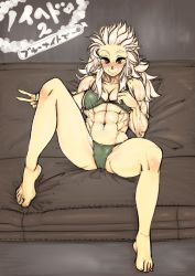 Rule 34 | 1girl, abs, barefoot, bikini, blush, breasts, cameltoe, cleavage, couch, dorohedoro, green bikini, hide (lindalindalinda), large breasts, long hair, muscular, muscular female, navel, noi (dorohedoro), red eyes, sitting, smile, solo, spread legs, swimsuit, v, white hair