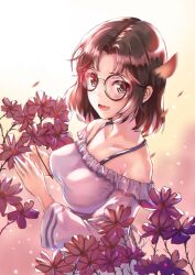 Rule 34 | 1girl, bare shoulders, black-framed eyewear, breasts, brown hair, dress, falling petals, fang, flower, large breasts, open mouth, original, petals, pink flower, round eyewear, short hair, skin fang, sleeves past elbows, solo, spaghetti strap, standing, sylnice, white dress