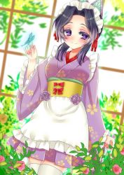 Rule 34 | 1girl, absurdres, apron, blush, bug, butterfly, butterfly hair ornament, butterfly on hand, flower, frills, garden, glowing butterfly, greenhouse, hair ornament, highres, hinao, insect, japanese clothes, kimetsu no yaiba, kochou shinobu, long sleeves, looking to the side, maid, maid headdress, obi, parted bangs, plant, purple eyes, purple hair, rose, sash, skindentation, smile, solo, thick eyebrows, thighhighs, wa maid, waist apron, wide sleeves, window, zettai ryouiki