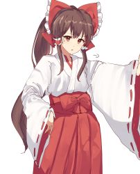 Rule 34 | 1girl, bad id, bad pixiv id, bow, brown eyes, brown hair, cosplay, cowboy shot, frilled bow, frilled hair tubes, frills, hair tubes, hakama, hakama skirt, hakurei reimu, hakurei reimu (pc-98), hakurei reimu (pc-98) (cosplay), hand on own hip, highres, japanese clothes, kimono, kozomezuki, long hair, long sleeves, looking at viewer, miko, open mouth, red bow, red hakama, red sash, red skirt, ribbon-trimmed sleeves, ribbon trim, sash, simple background, skirt, solo, touhou, touhou (pc-98), upper body, very long hair, white background, white kimono, wide sleeves