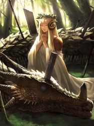 Rule 34 | 1girl, armor, arrow (projectile), blonde hair, broken, broken sword, broken weapon, corpse, death, dragon, dress, empty eyes, closed eyes, forest, highres, horns, long hair, matsuo shogo, nail polish, nature, original, own hands together, polearm, praying, scales, sheep horns, shoulder armor, spear, sword, weapon, wreath