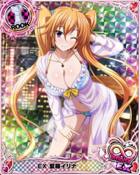 Rule 34 | 1girl, arm behind head, bikini, breasts, card (medium), chess piece, cleavage, hand on leg, hand on own leg, hand on own thigh, hand on thigh, high school dxd, jewelry, large breasts, leaning forward, navel, necklace, official art, one eye closed, purple eyes, rook (chess), shidou irina, smile, swimsuit, twintails, wink
