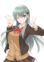 Rule 34 | 1girl, ;), anniversary, aqua hair, bow, bowtie, brown jacket, brown skirt, cardigan, collared shirt, double v, ear piercing, frilled skirt, frills, green eyes, hair between eyes, hair ornament, hairclip, jacket, jewelry, kantai collection, long hair, looking at viewer, nail polish, one eye closed, open clothes, open jacket, piercing, pleated skirt, red bow, red bowtie, ring, school uniform, shirt, simple background, skirt, smile, solo, suien, suzuya (kancolle), suzuya kai ni (kancolle), upper body, v, wedding band, white background, white shirt