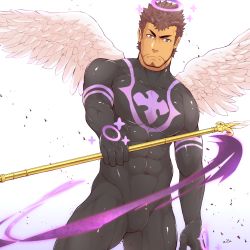 Rule 34 | 1boy, angel, angel wings, bara, beard, black bodysuit, black hair, bodysuit, brown hair, bulge, covered abs, covered navel, cowboy shot, facial hair, feathered wings, halo, highres, holding, holding polearm, holding spear, holding weapon, looking at viewer, male focus, muscular, muscular male, nether angel (housamo), pectorals, polearm, short hair, sideburns, skin tight, solo, spear, stubble, thighs, tokyo houkago summoners, weapon, wings, zifu