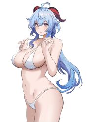 Rule 34 | 1girl, absurdres, ahoge, azmi yudista, bare arms, bare shoulders, bikini, blue hair, blush, breasts, commentary, commission, cowboy shot, ganyu (genshin impact), genshin impact, groin, hair between eyes, hands up, highres, horns, large breasts, long hair, looking at viewer, navel, parted lips, purple eyes, simple background, solo, standing, stomach, strap pull, swimsuit, thighs, very long hair, white background, white bikini
