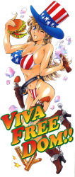 Rule 34 | &#039;murica, 1girl, american flag, american flag bikini, american flag hat, american flag print, american flag swimsuit, belt, bikini, blonde hair, blue eyes, boots, breasts, bullet, burger, coca-cola, cowboy boots, cowboy western, egg, flag print, food, gun, handgun, hat, high heel boots, high heels, highleg, highleg bikini, highres, holster, large breasts, long hair, long image, looking at viewer, maguro teikoku, nazenani kyoushitsu, one eye closed, personification, poster (medium), propaganda, revolver, simple background, smile, spurs, string bikini, swimsuit, tall image, top hat, united states, weapon, white background, wink