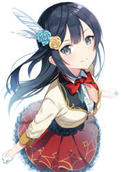 Rule 34 | 1girl, afterschool school idol (love live!), black hair, bow, bowtie, breasts, commentary, feather hair ornament, feathers, flower, frilled skirt, frills, gloves, green eyes, hair flower, hair ornament, highres, long sleeves, looking at viewer, love live!, love live! nijigasaki high school idol club, medium breasts, nonono (nononotea), red bow, red bowtie, side ponytail, single sidelock, skirt, solo, white feathers, white gloves, yuki setsuna (love live!)