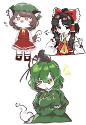 3girls :d :p animal_ears annoyed arms_at_sides ascot bare_shoulders black_hair blowing_raspberry blush_stickers bow breasts bright_pupils brown_eyes brown_hair cat_ears cat_tail chen chibi commentary_request cropped_torso crossed_arms detached_sleeves dress frilled_bow frilled_hair_tubes frills full_body green_dress green_eyes green_hair hair_between_eyes hair_bow hair_tubes hakurei_reimu hat large_breasts long_hair mob_cap multiple_girls multiple_tails nekomata open_mouth parted_lips puff_of_air red_bow red_eyes red_skirt red_vest short_hair_with_long_locks simple_background skirt skirt_set smile soga_no_tojiko standing swept_bangs tail tate_eboshi tongue tongue_out touhou two_tails vest white_background white_pupils yagisan1578 yellow_ascot