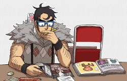Rule 34 | 1boy, argyle, arm hair, beowulf (skullgirls), bespectacled, black hair, book, cape, chair, emlan, facial hair, folding chair, glasses, magazine (object), male focus, open book, pelt, pencil, reading, skullgirls, sleeveless, solo, stubble, studying, suspenders, the hurting, thinking, wristband