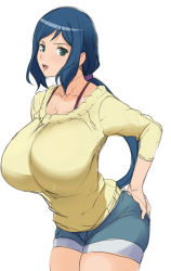 Rule 34 | 10s, 1girl, blue hair, breasts, female focus, green eyes, gundam, gundam build fighters, hand on ass, highres, iori rinko, kloah, large breasts, long hair, mature female, open mouth, ponytail, shorts, smile, sweater