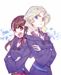 Rule 34 | 2girls, back-to-back, blonde hair, blue eyes, brown hair, commentary request, crossed arms, diana cavendish, kagari atsuko, little witch academia, milk puppy, multiple girls, red eyes