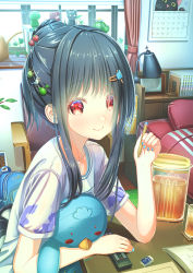 Rule 34 | 1girl, aiuabo, backpack, bag, bed, bedroom, bird hair ornament, black hair, blue nails, blush, book, bookend, cactus, calendar (object), chair, clock, coaster, commentary request, controller, cup, curtains, day, desk lamp, drinking glass, elbows on table, eraser, floral print, food-themed hair ornament, hair bun, hair ornament, hairclip, hairpin, highres, holding, holding pen, holding stuffed toy, indoors, lamp, long hair, looking at viewer, melon hair ornament, nail polish, open book, original, pen, pitcher (container), plant, popsicle hair ornament, print shirt, red eyes, remote control, shelf, shirt, short sleeves, sidelocks, single hair bun, smile, solo, stuffed animal, stuffed bird, stuffed toy, table, tomato hair ornament, unworn backpack, unworn bag, upper body, vines, watering can, watermelon hair ornament, window