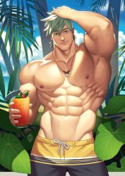 Rule 34 | 1boy, abs, alternate costume, alternate pectoral size, bara, beach, black male swimwear, blue eyes, day, fate/grand order, fate (series), highres, jewelry, large pectorals, looking at viewer, male focus, male swimwear, muscular, muscular male, necklace, nipples, outdoors, pectorals, percival (fate), short hair, smile, solo, swim trunks, topless male, upper body, white hair, xelgot, yellow male swimwear