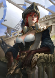 Rule 34 | 1girl, belt, belt buckle, bird, blurry, blurry background, braid, breasts, buckle, choker, cleavage, closed mouth, cloud, collarbone, commentary, corset, elbow gloves, eyebrows, eyelashes, gangplank (league of legends), gloves, green eyes, hair between eyes, hat, highres, large breasts, league of legends, lejia chan, lips, lipstick, long hair, long sleeves, looking at viewer, makeup, miss fortune (league of legends), nose, pirate, pirate costume, pirate hat, realistic, red hair, sails, ship, shoulder pads, sky, solo, standing, tristana, watercraft
