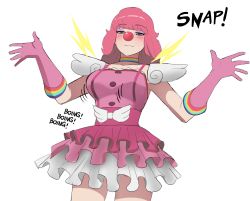 Rule 34 | 1girl, ace attorney, blush, bouncing breasts, breasts, choker, clown, clown girl, clown nose, cowboy shot, frilled skirt, frills, geiru toneido, gloves, grey eyes, half-closed eyes, hands up, highres, jourd4n, large breasts, long hair, looking at viewer, phoenix wright: ace attorney - spirit of justice, pink gloves, pink hair, rainbow, shadow, simple background, skirt, smile, solo, sound effects, suspender skirt, suspenders, white background
