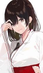 Rule 34 | 1girl, 3:, adjusting hair, bad id, bad pixiv id, black hair, breasts, brown eyes, brown hair, hair over one eye, hakama, hakama skirt, hand up, japanese clothes, kayahara, large breasts, looking at viewer, low ponytail, matching hair/eyes, miko, original, parted bangs, side ponytail, simple background, skirt, solo, upper body, white background, wide sleeves